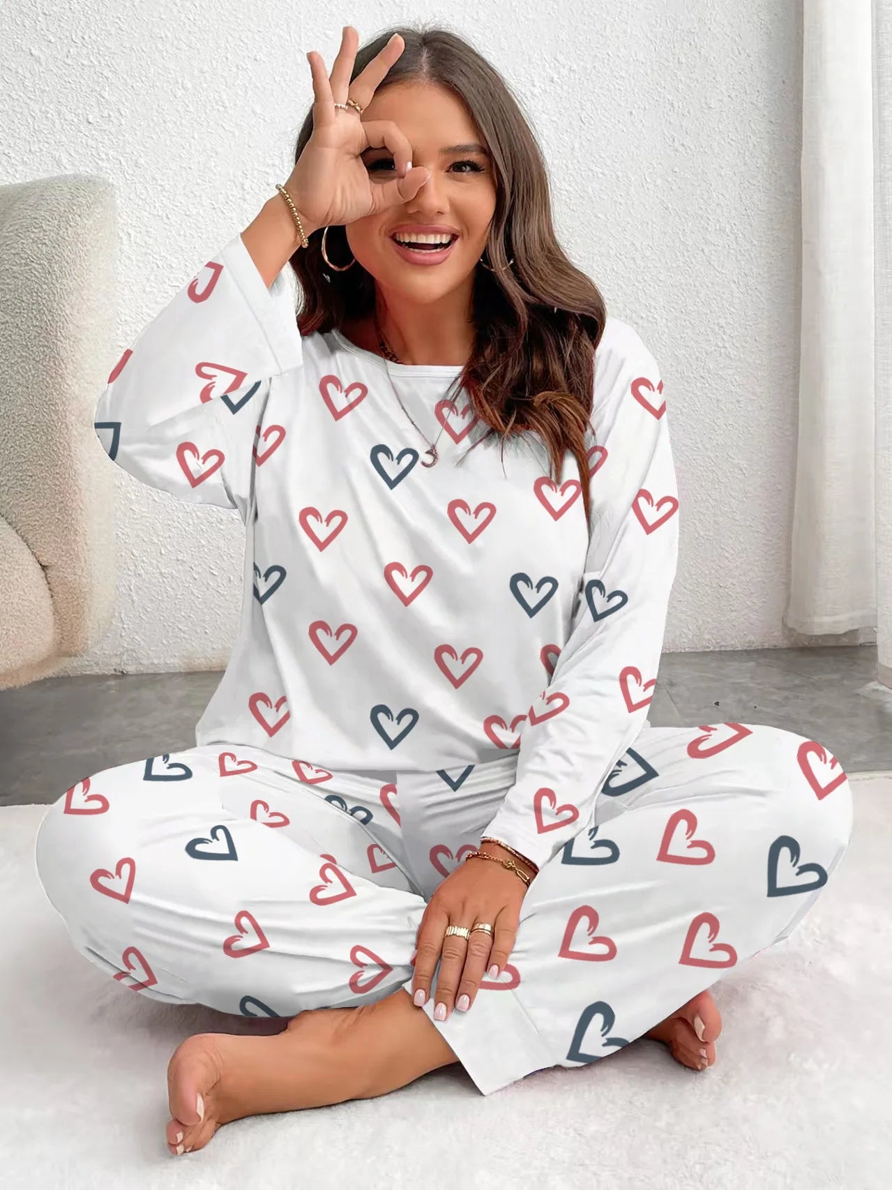Cozy Heart-Print Thermal Pajama Set